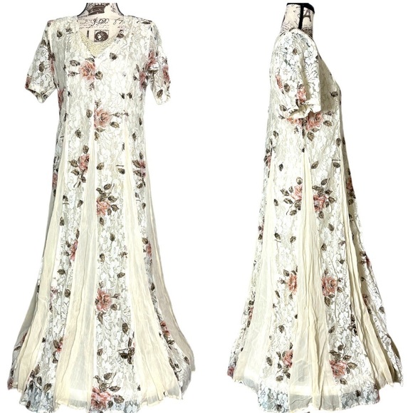 Vintage 80s Starina Floral Cream Lace Layered Short Sleeve Maxi Boho Dress Small
